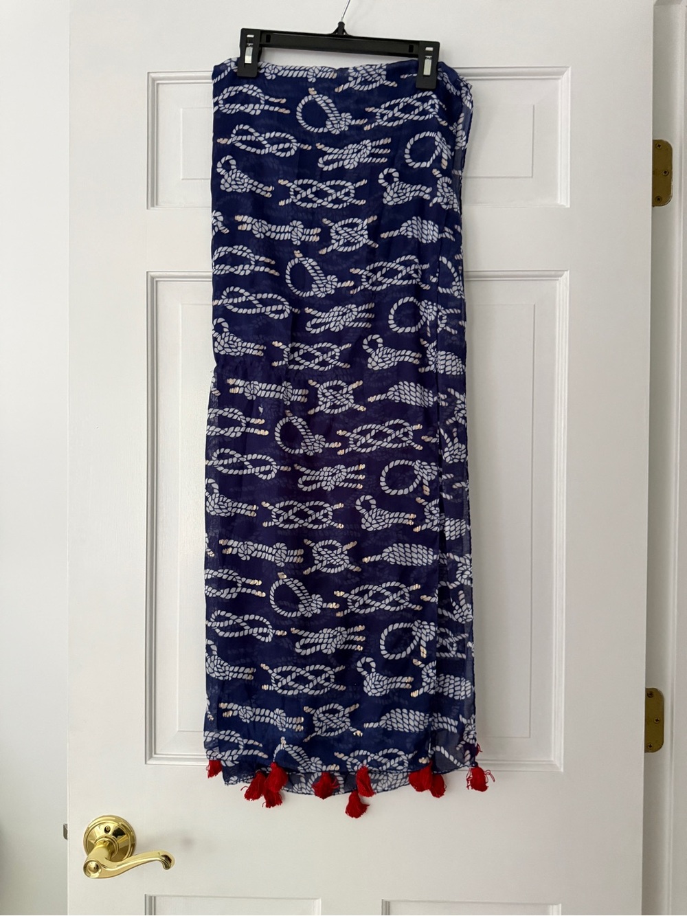 Mudpie rope print scarf with gold detail & red tassels 70x 24”